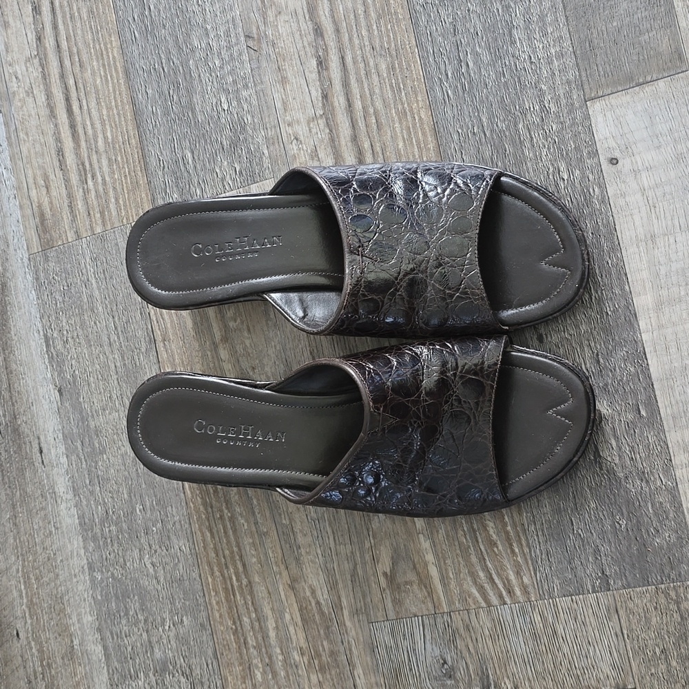 COLE HAAN Dark Brown Croc Embossed Leather Open Toe Heels Mules Slides Sz 8 B​